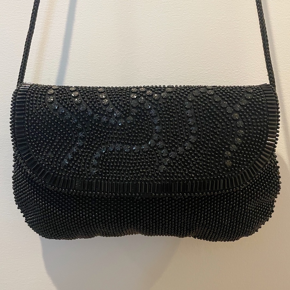 Vintage 80s Holiday Fair Black Beaded Handbag/Clutch